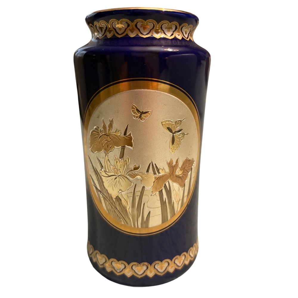 Chokin Art Vase Cobalt Blue Gold Silver Gilded Iris Butterfly Japanese Decor